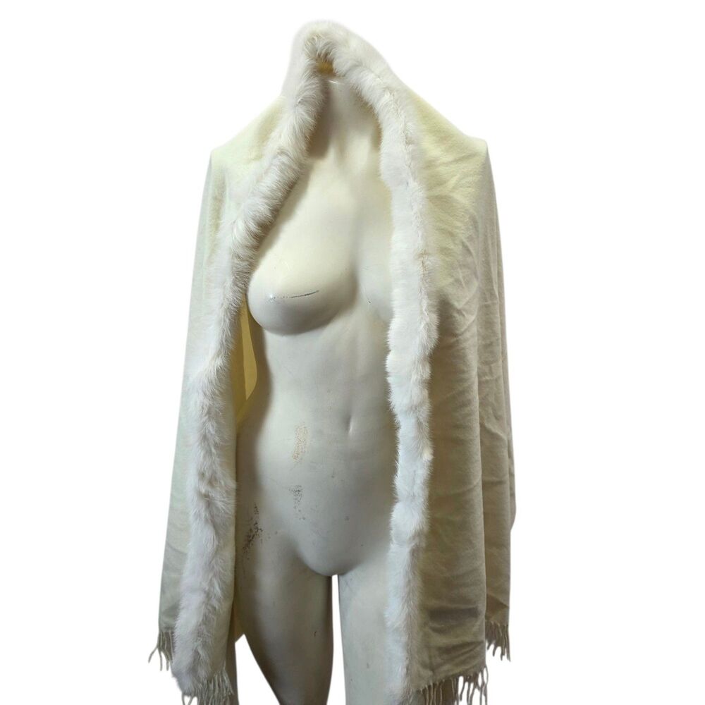 100% Cashmere Ivory Wrap Shawl Stole Mink Fur Trim Fringe‎ Made Germany